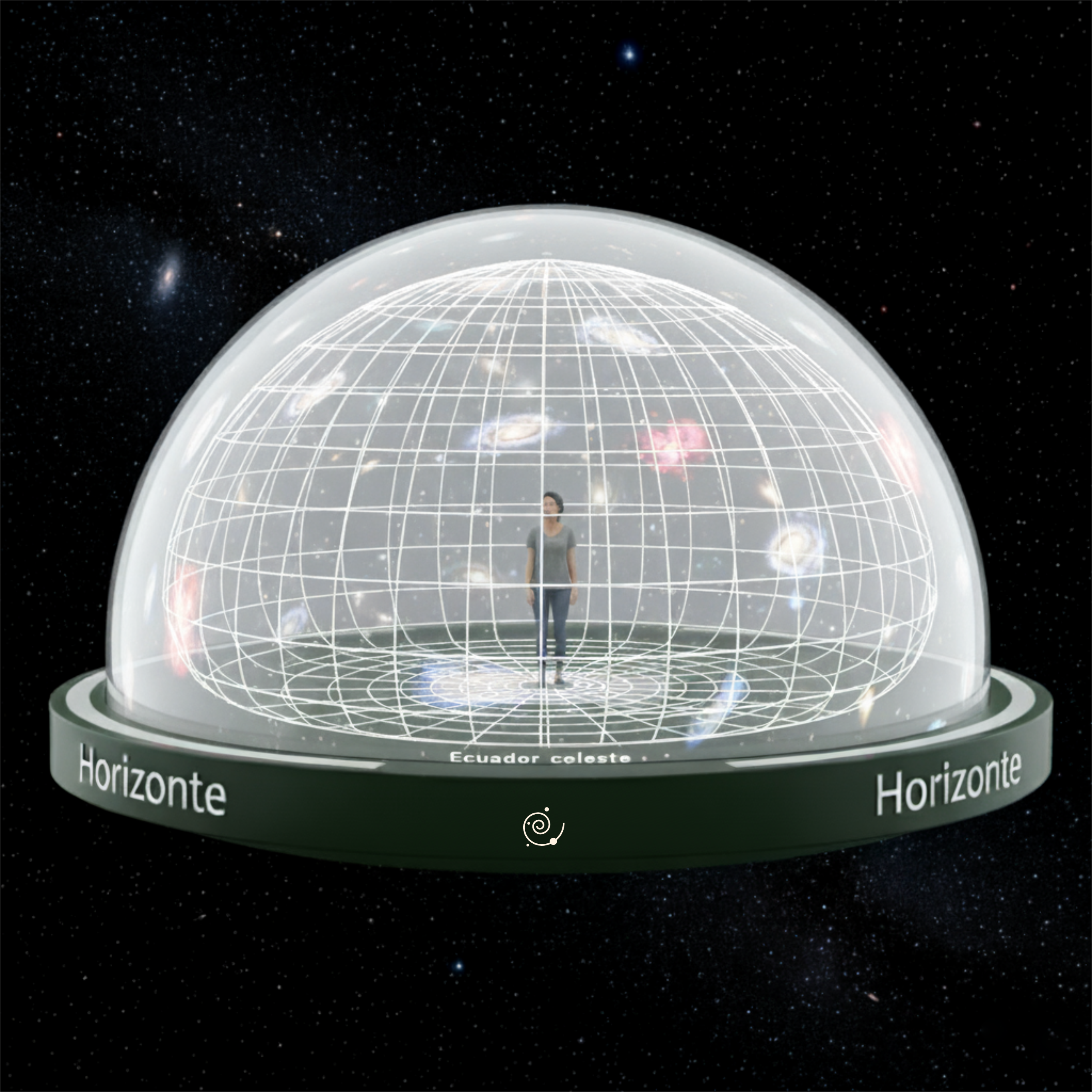 Observador dentro de un planetario que muestra el cielo estrellado y el ecuador celeste.